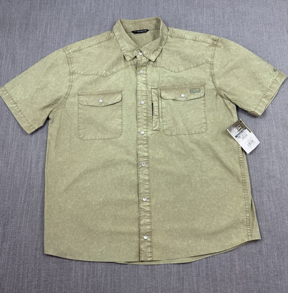 Drake Waterfowl Short Sleeve Snap Button Fishing Shirt L NWT 100% Cotton Green